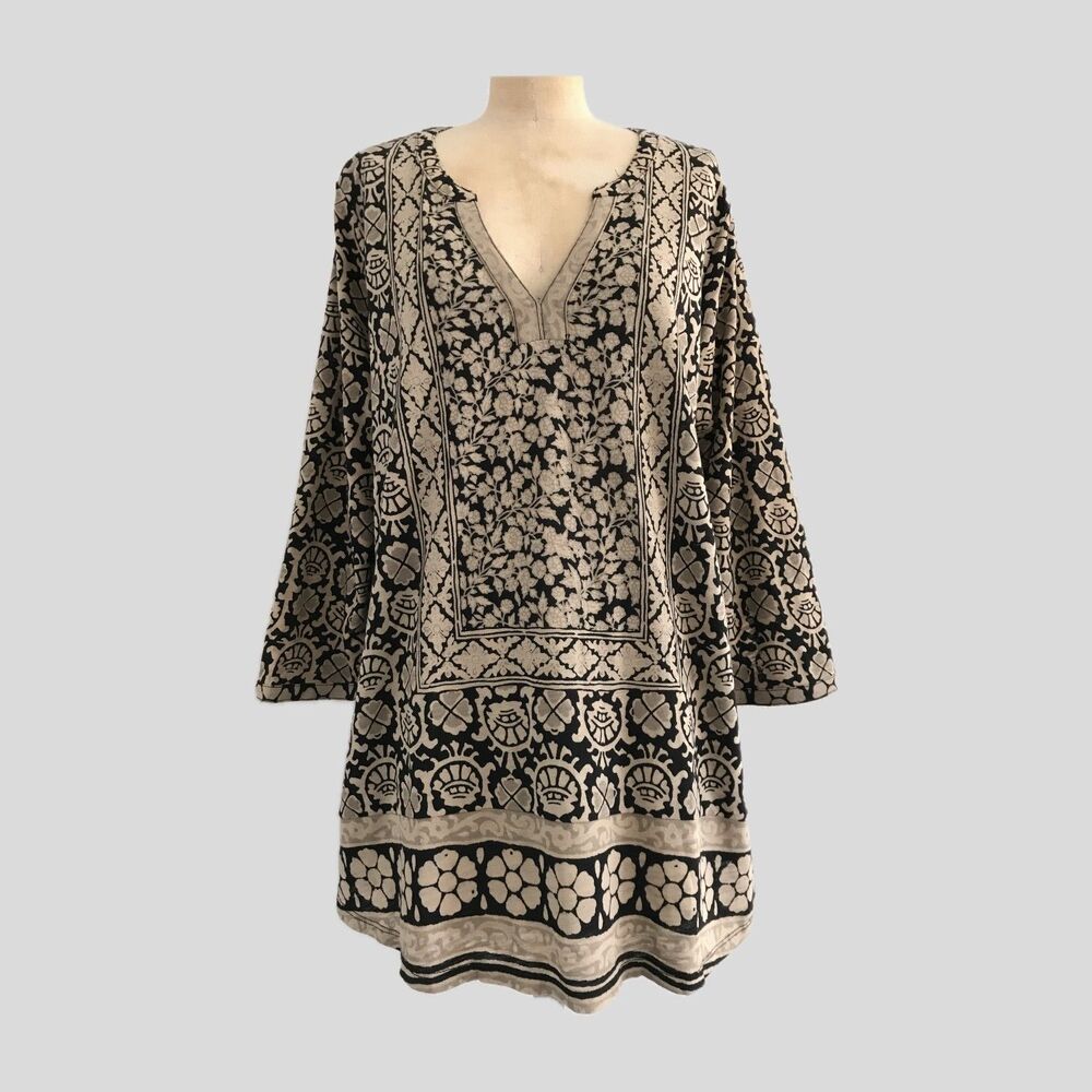 Lucky Brand Black Beige Floral Print Cotton Modal Top Boho Peasant Womens XL